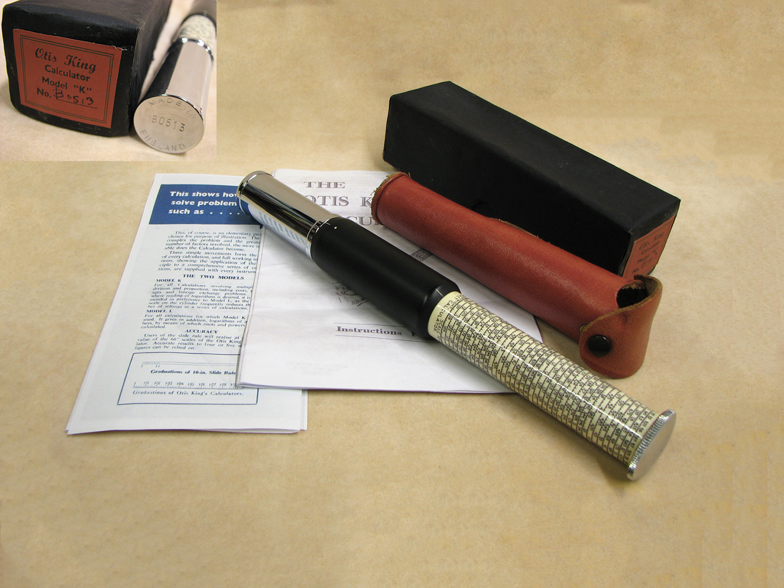 Early 1970's Otis King Model K type C leather cased cylindrical slide rule calculator